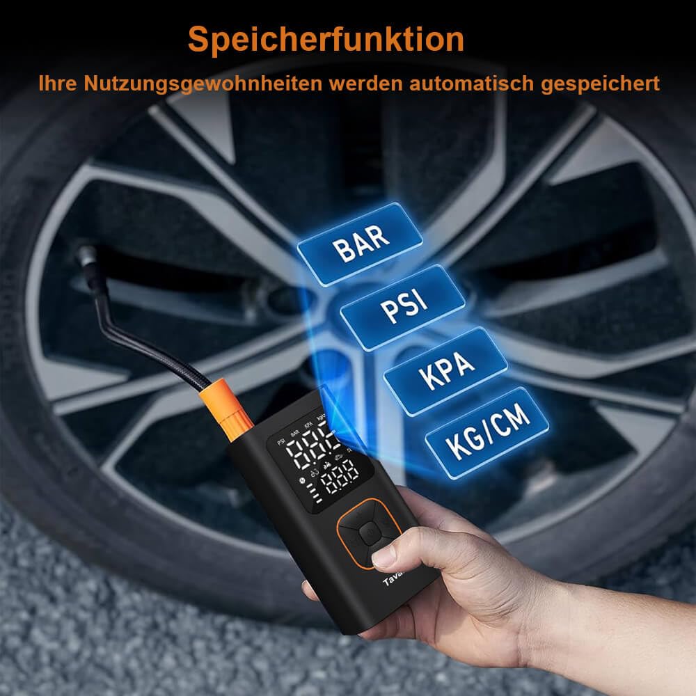 Tavaler Elektrische Luftpumpe Kabellose 150PSI Tragbare Akku Fahrradpumpe | Akku Luftpumpe Autostop, Memory Funktion Fahrradpumpe Elektrisch, LED-Licht Mini Kompressor für Auto E-Bike Fahrrad Motorrad