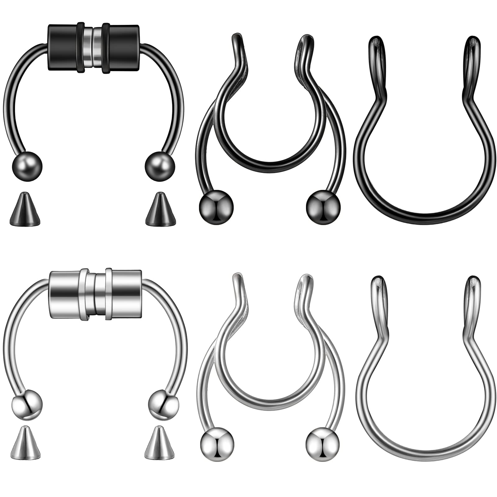 Jadive 6 Anillos de Nariz Magnéticos Falsos Anillo de Nariz de Tabique Falso de Acero Inoxidable Aro de Nariz Abierto Joyería de Nariz de Clip No Perforante para Mujer Hombre