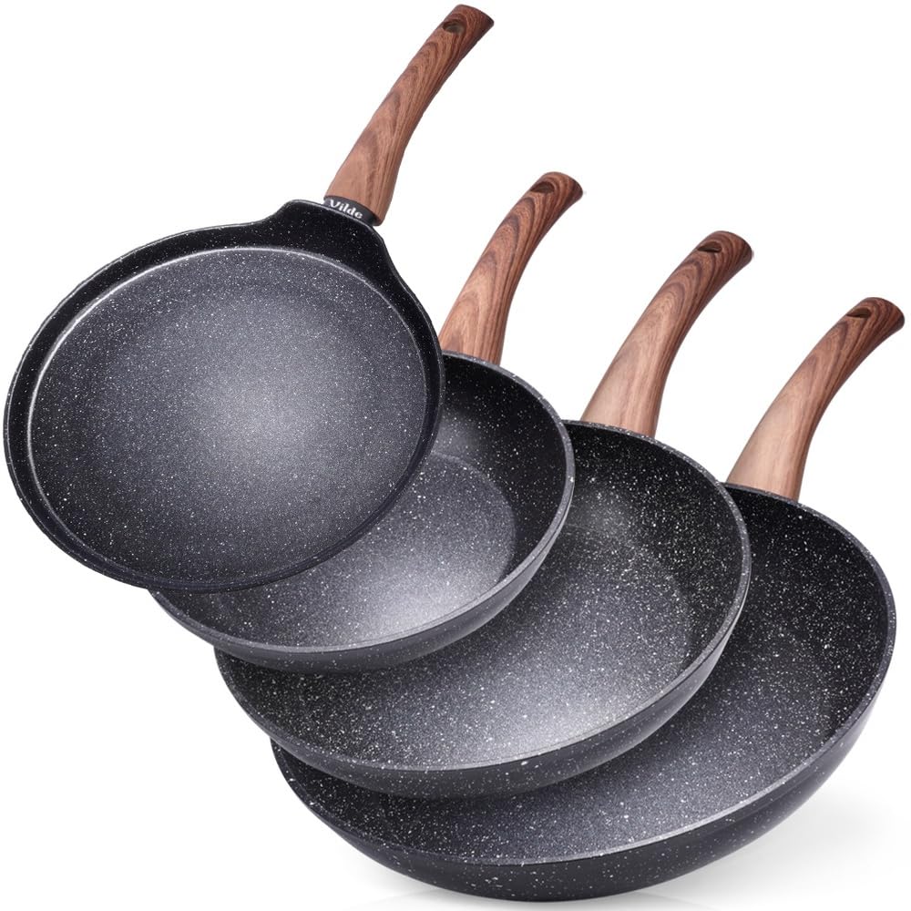 Vilde Zestaw patelni z powłoką granitową 20/24/28 cm + patelnia do naleśników 24 cm BLACK&WOOD 4 szt.