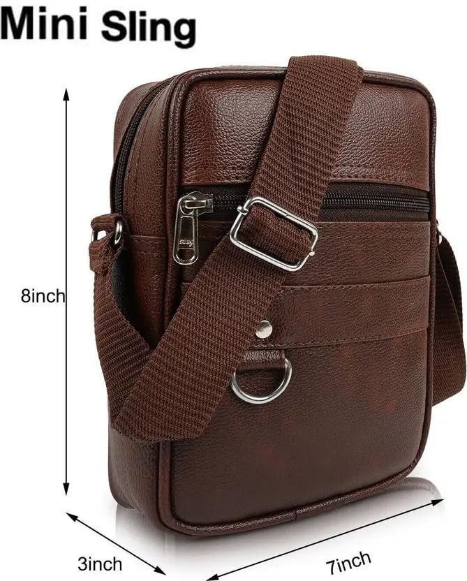 BILL BOND Men's Sling Bag Crossbody Shoulder Bag | PU Leather Side Bag with Adjustable Strap & Multiple Compartments for Travel, Office & Casual Use-Brown 4