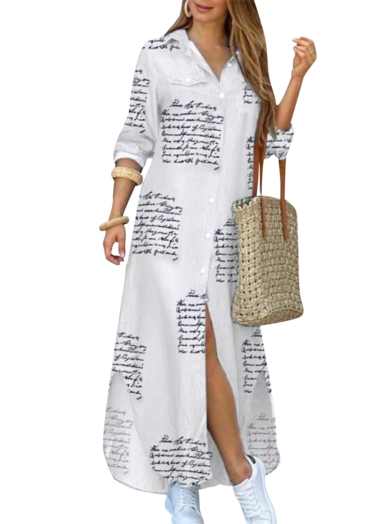 DIACACY Women's Casual Lapel Collar Floral Print Maxi Dresses Side Slit Long Sleeves Loose Slim Shirt Dresses