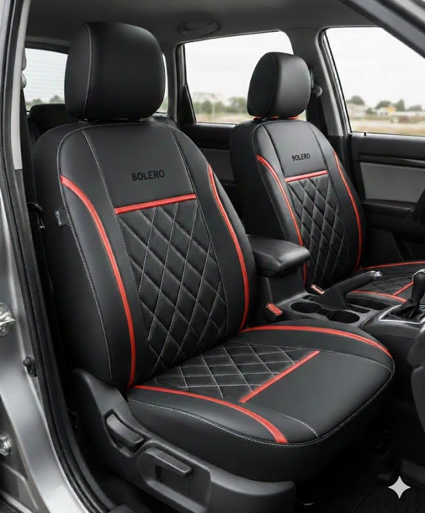 Seat Cover for Mahindra Bolero 7 Seater(2001-2018), Front seat Dethable Head Rest, Rear seat Detachable Head Rest (Black red)-image-47