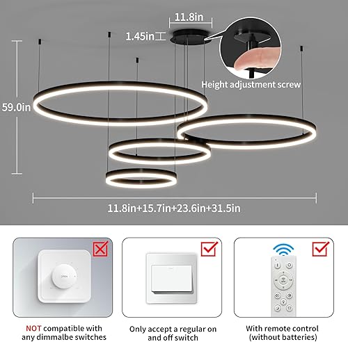 Miniatura 3 de Lámpara colgante LED moderna con altura ajustable 3000k-6000k, lámpara de araña de techo alto suspendida para comedor