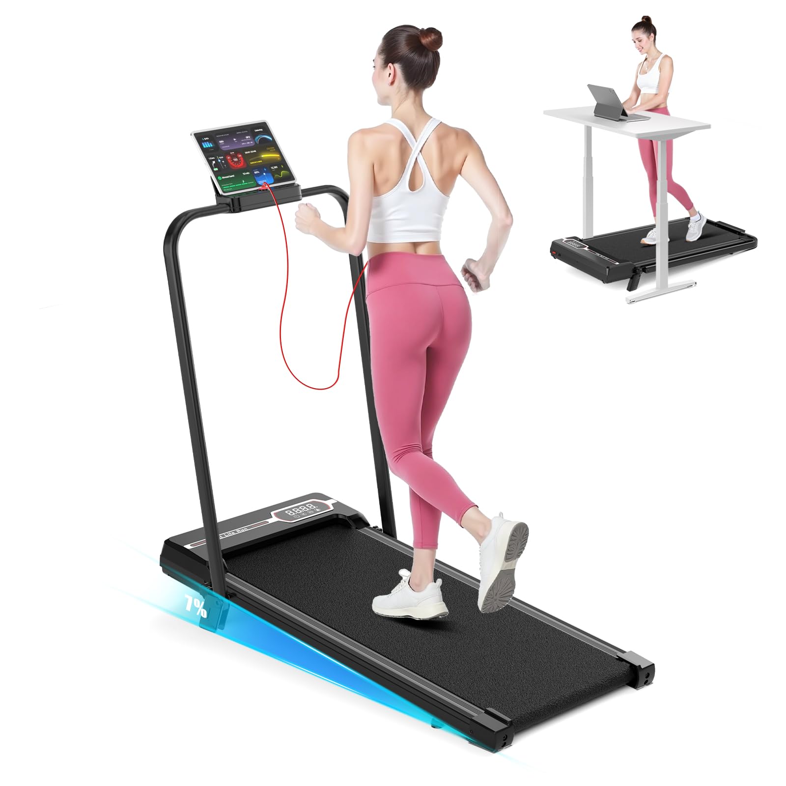 bigzzia Foldable Treadmill for Home, 2.5HP Walking Pad with Incline and Handle, 1-8km/h, Compact Folding Treadmill Under Desk with Remote Control & LED Display, 130kg Capacity (Dark Black)