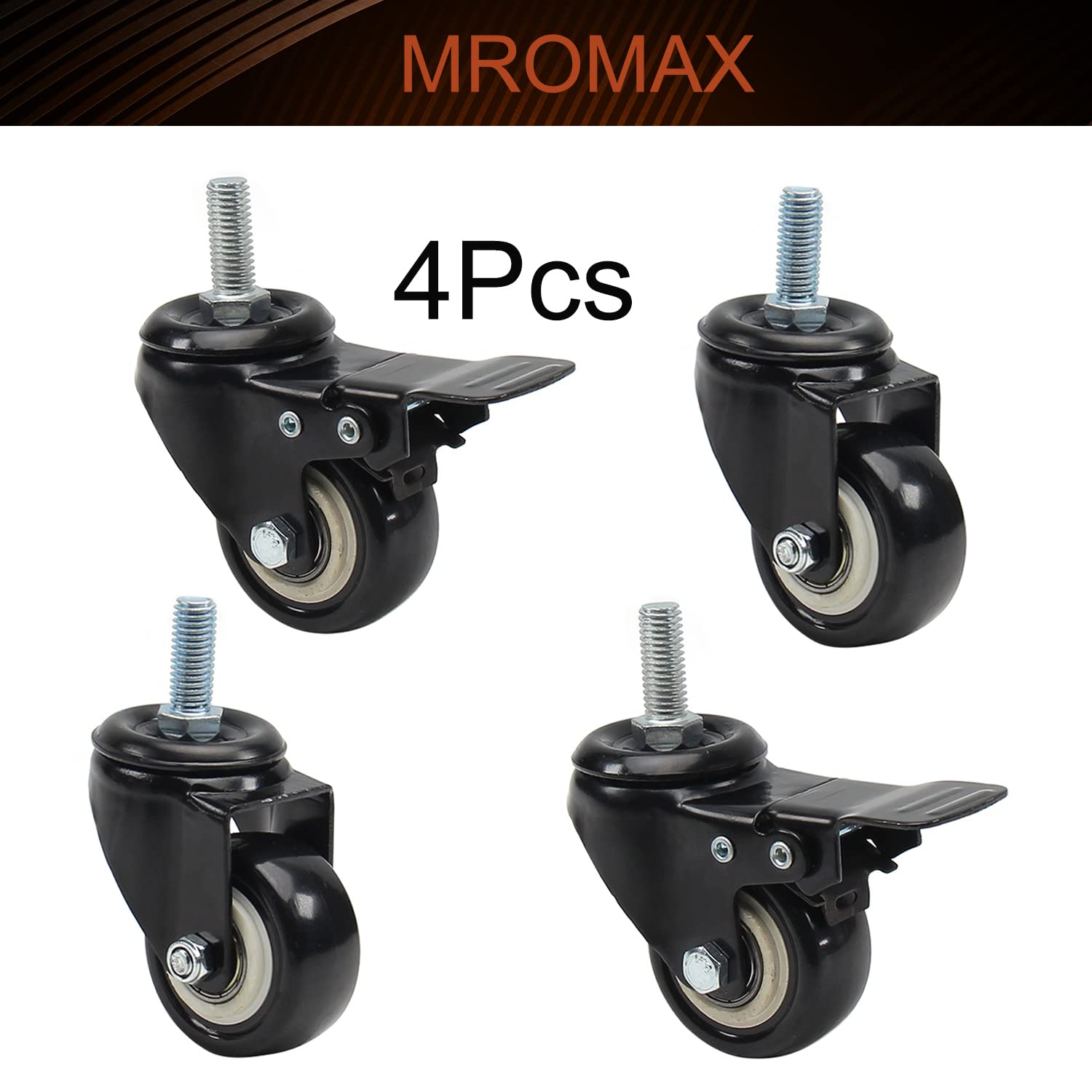 MroMax 2 Inch Stem Casters, Each Capacity 32Lbs Heavy Duty Swivel PVC Caster with M10 x 25mm Threaded Stem for Shopping Carts, Trolley and Workbench(2Pcs with Brake and 2Pcs Without Brake)