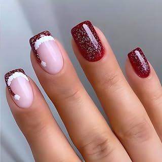 Christmas Press On Nails Medium, Christmas Nails Glue On,RUPOFUZA Christmas Fake Nails With Glue, Red Christmas Nails Press On With French Santa Hat Design,Stick On Nails for Women 24Pcs
