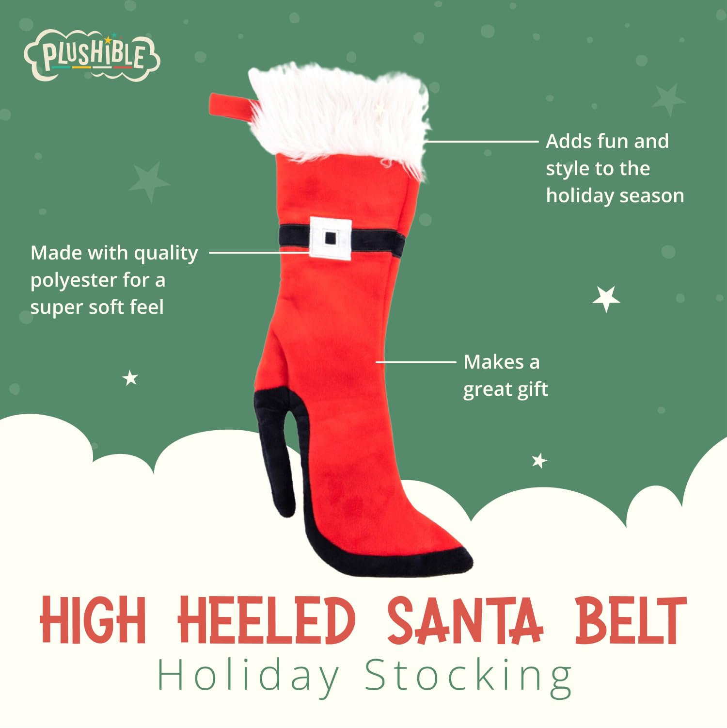 PLUSHIBLE BRIDGING MILES WITH SMILES Christmas Stockings - High Heeled Felt Stocking with Santa Belt Design, Fuzzy Top, Perfect for Christmas Decor, Hang on Fireplace with Stocking Holder