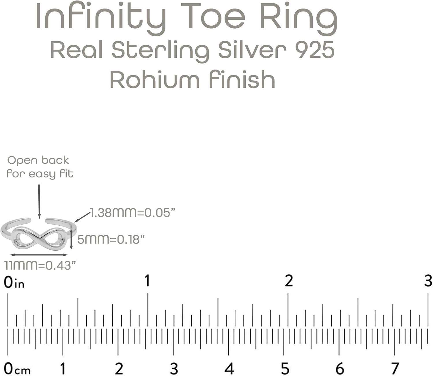 Ritastephens 925 Sterling Silver Infinity Toe Ring, Adjustable | Rhodium Plated, Open Band, Minimalist, Stackable
