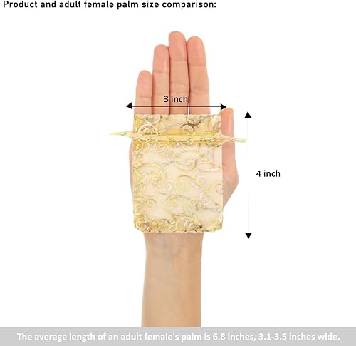 Staruby Organza Gift Bags 100Pcs Gold Sheer Organza Bag 5x7 Inch Mesh Favor Bags Drawstring Jewelry Rattan Printed Gift Pouches for Wedding Party Favors Couple Shower Christmas Gifts Candy Bags(3x4 INCH,100 Count (Pack of 1))