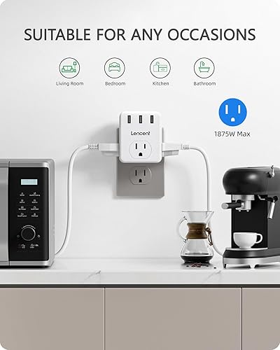 Miniatura 7 de LENCENT Extensor de toma de corriente múltiple, paquete de 2, divisor de 3 salidas con 3 puertos USB, cargador de pared, enchufe de 3 clavijas,