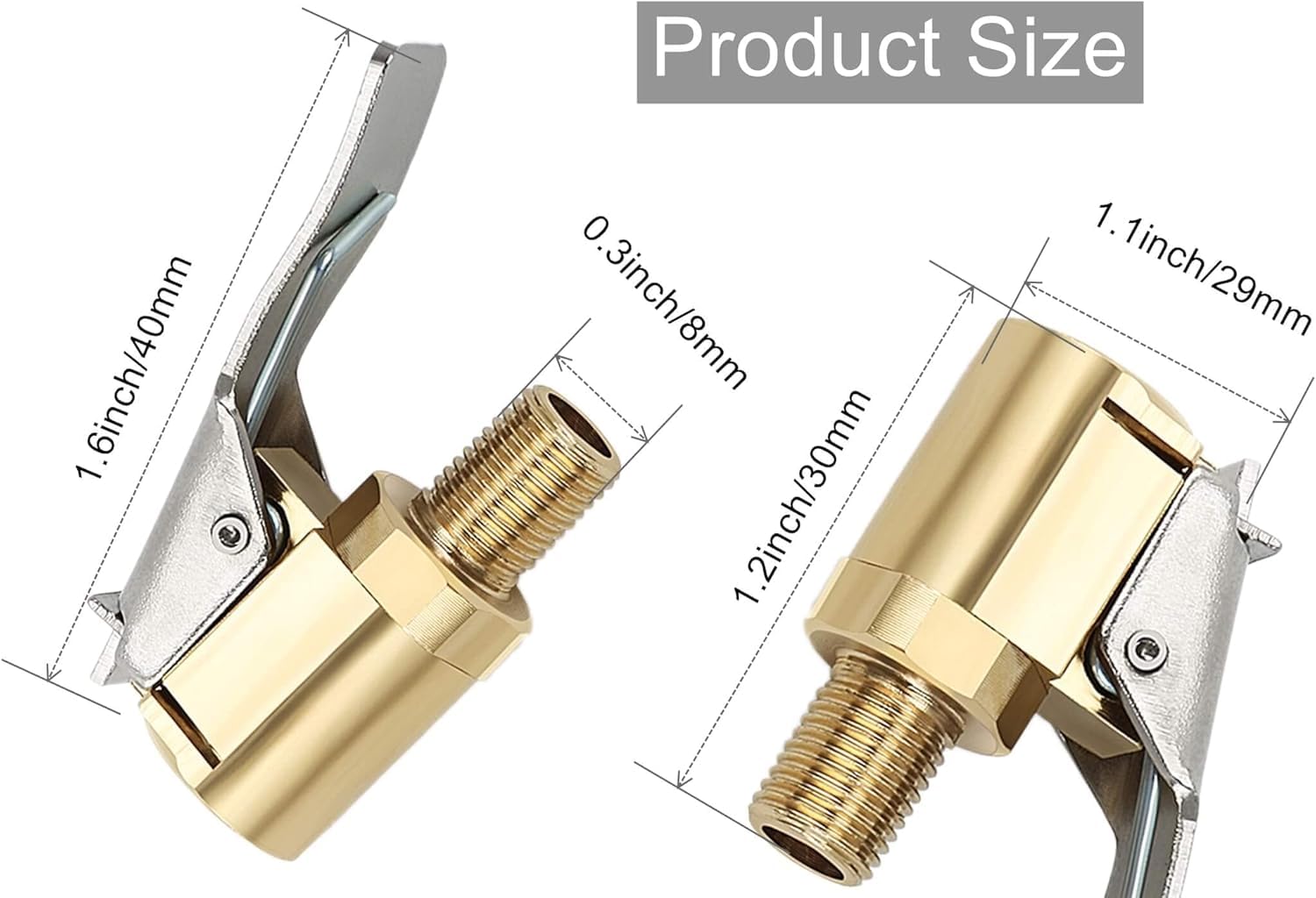 2 PCS Tyre Inflator Adaptor,Brass Tyre Tire Air Chucks,Tyre Air Chuck Adapter,8mm Clamp Connector,Tire Airs Chuck with Clip Adapter,Tyre Inflator Connector for Bike,Motorcycle,Car,Truck (2 PCS,8mm) - 2