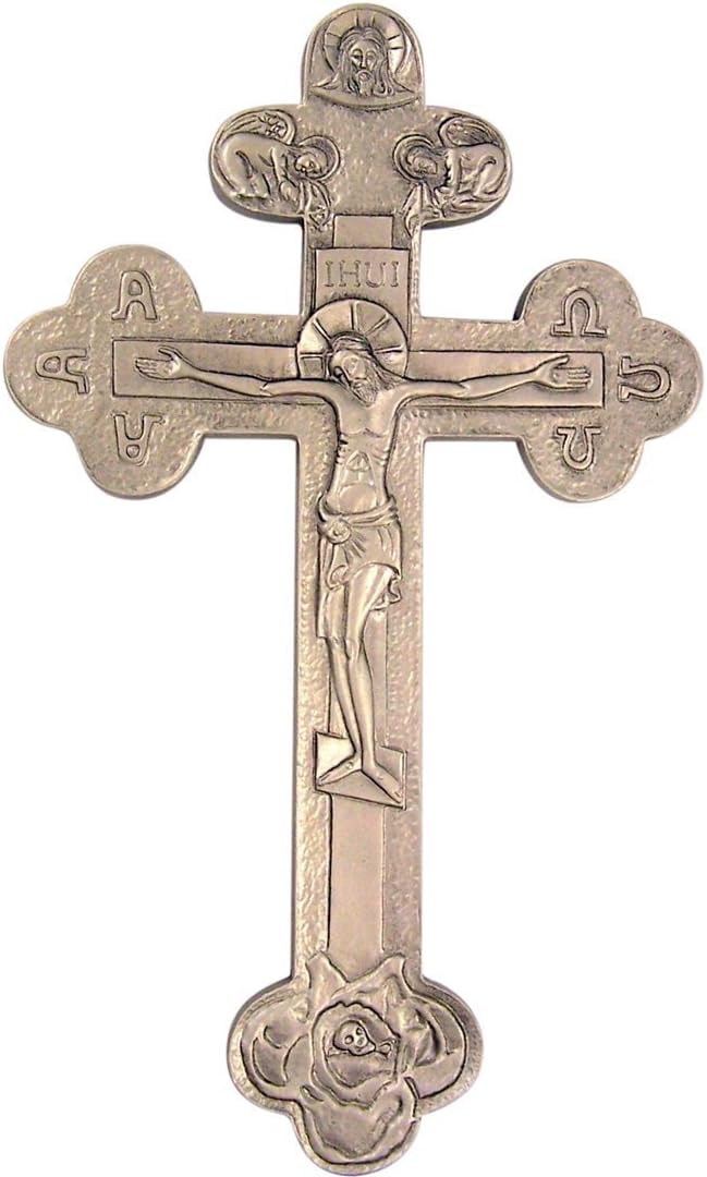 Pewter Greek Orthodox Budded Wall Cross Crucifix, 9 1/4 Inch