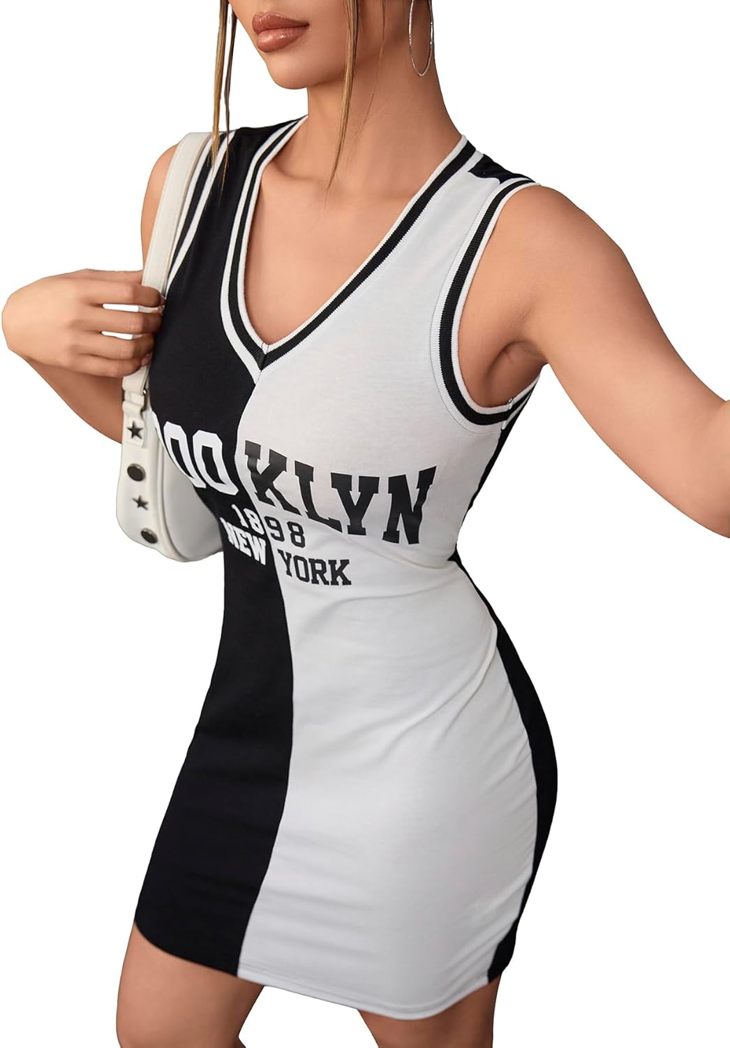 SOLY HUX Women's Letter Graphic Print Color Block V Neck Sleeveless Bodycon Mini Dress - Image 6