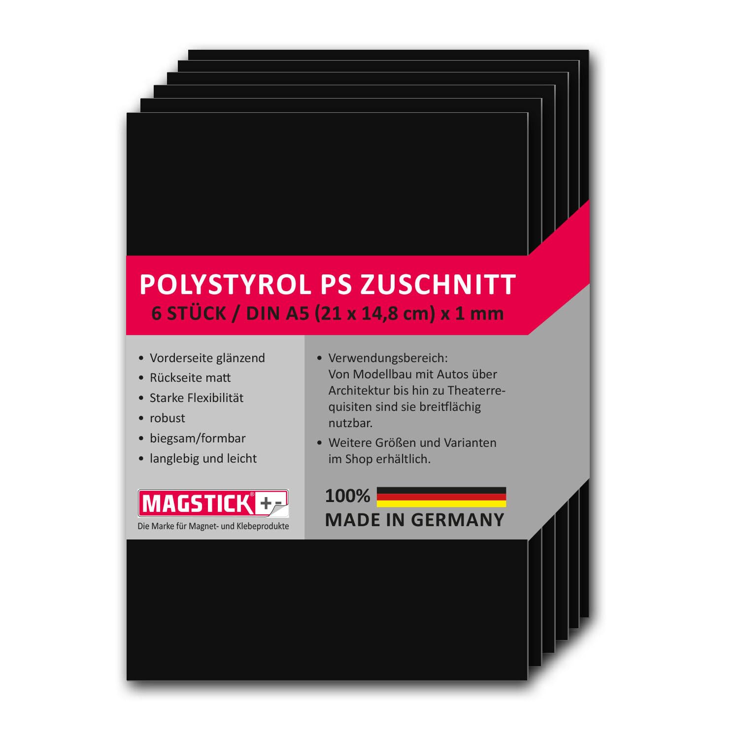 Set da 6 lastre in polistirene Nero I DIN A5 lastre rigide in plastica PS Ritagli I 14,8 x 21 cm I modellismo architettura I mag273