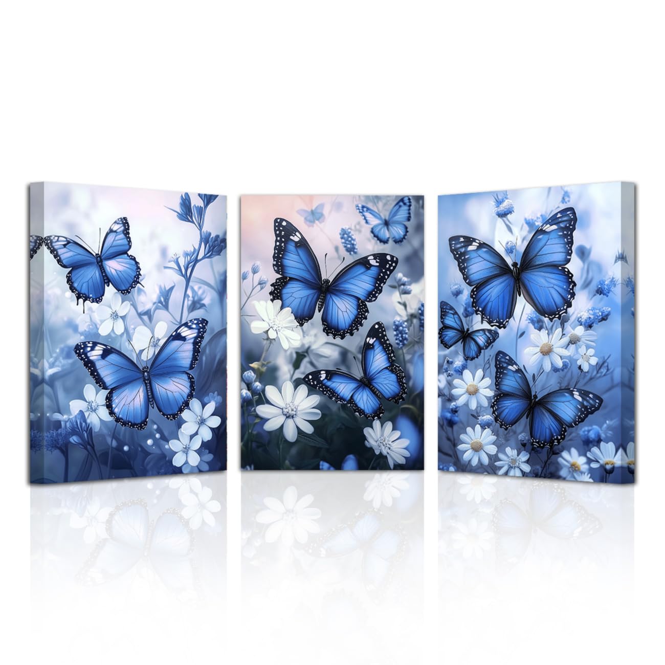 LZIMU Butterfly Canvas Wall Art 3 Pieces Butterflies with Flower Pictures Prints Framed Butterfly Wall Decor for Fantasy Girls Room (Blue, 12x16inchx3 Pieces)