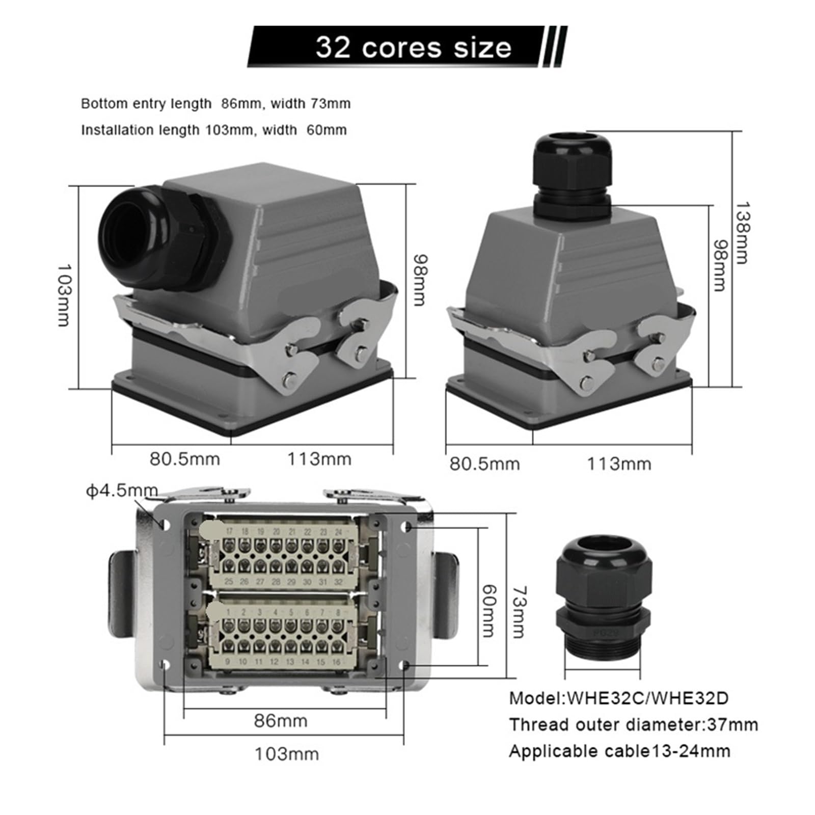 Connettore rettangolare a 32 nuclei for carichi pesanti | IP65 antipolvere e impermeabile, dispositivo con chiusura a scatto, 16 A 500 V,(32P Top Entry)