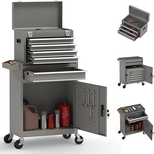 Miniatura 10 de Cofre de herramientas rodante de alta capacidad de 5 cajones, caja de herramientas extraíble sobre ruedas, caja de herramientas con cerradura, Negro