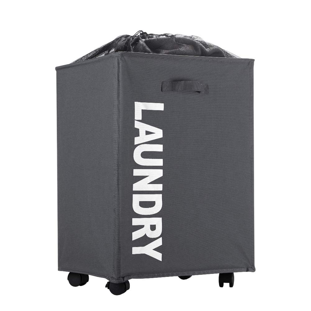 IHOMAGIC Foldable Laundry Basket with Wheels Collapsible Waterproof Laundry Bin with Handles Rolling Laundry Hamper for Clothes Storage Mesh Cover Dirty Clothes Storage Cart (Medium, Dark Grey)