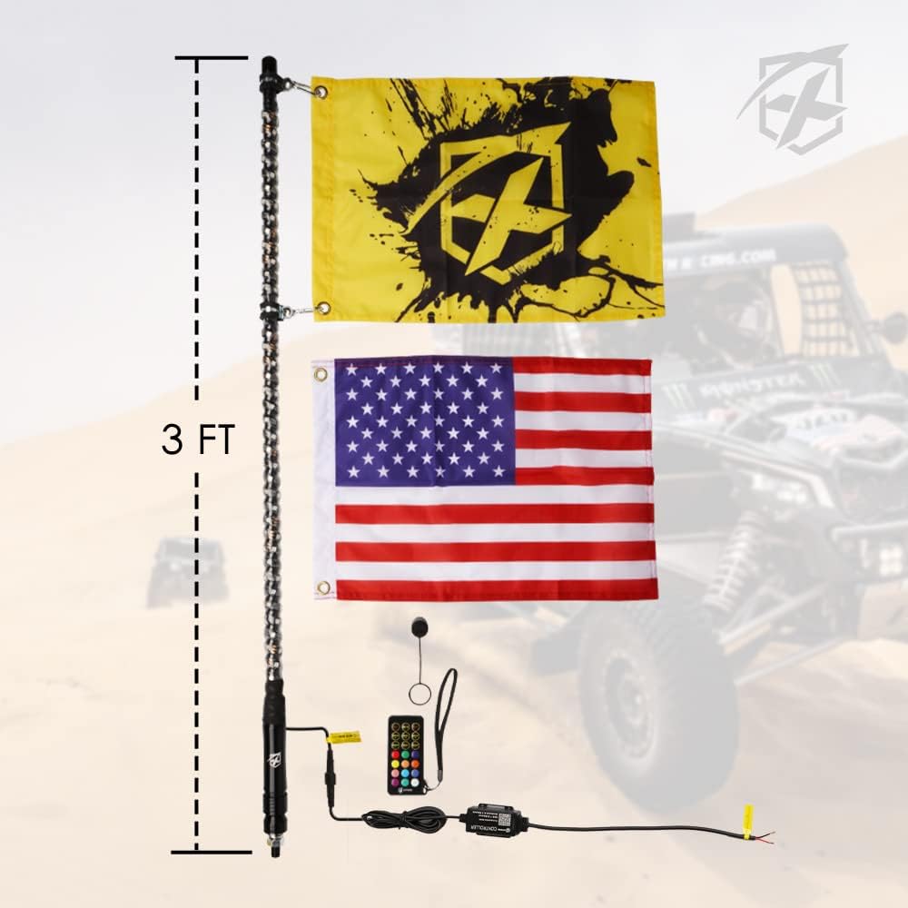 Xprite 3FT 1PC RGB LED Whip Light, Remote & App Control DIY Chasing Pattern w/Stop Turn Reverse Brake Lights Safety Antenna Lighted Whips for ATV UTV Polaris RZR Can-am Buggy Jeep, 2 Year Warranty