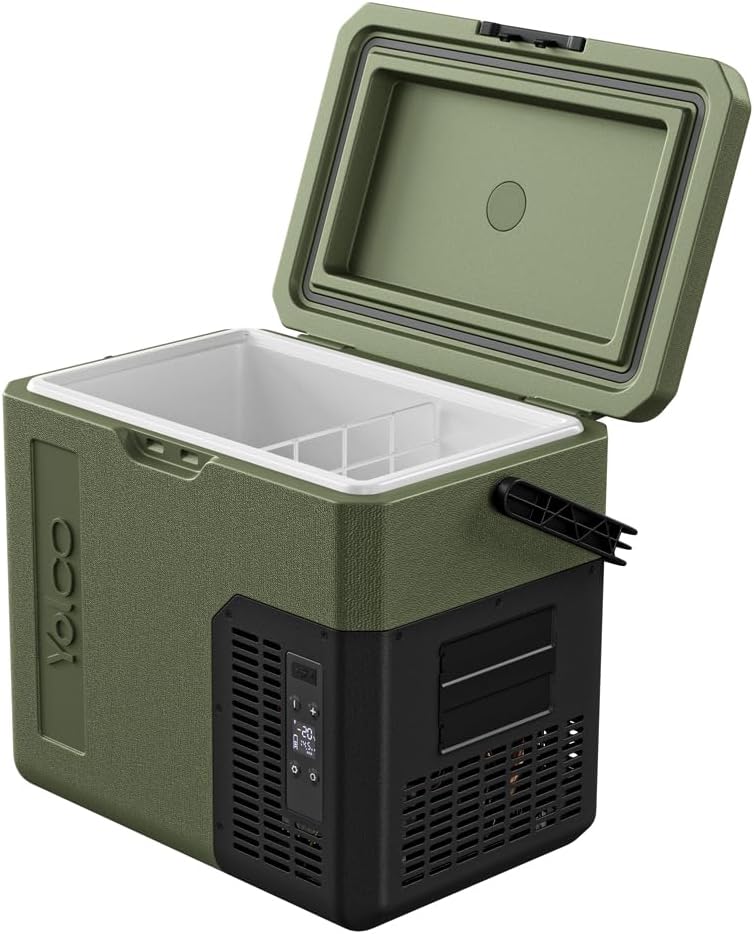 Yolco ET18 GREEN Portable Compressor Refrigerator with lid open, showing interior