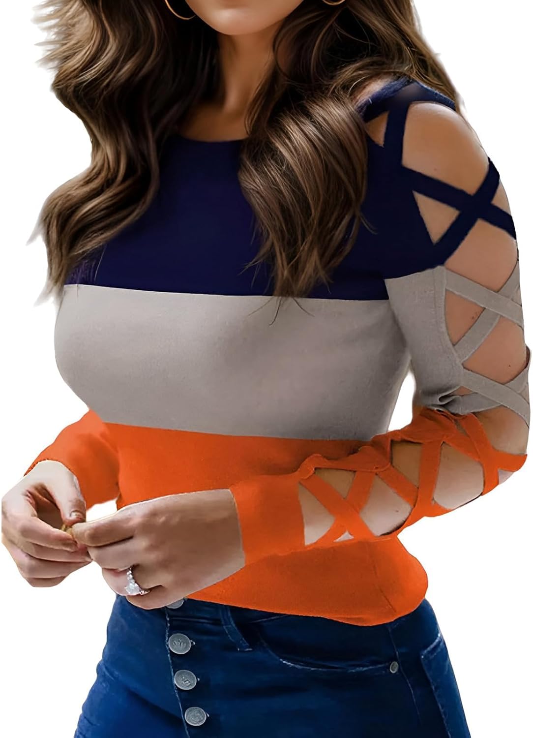 Women's Sexy Criss-Cross Long Sleeve Blouse Cut Out Cold Shoulder Tops Hollow Out Dressy Casual Basic Shirts