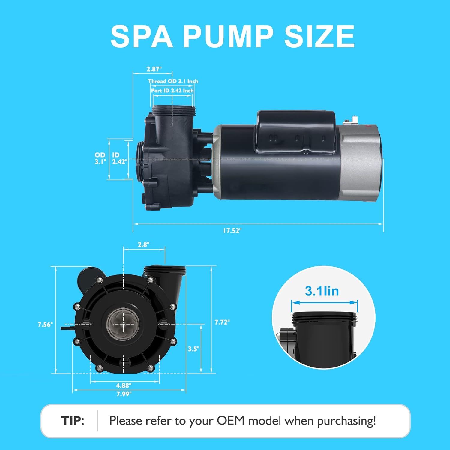 2 Speed Hot Tub SPA Pump 3HP for Jacuzzi Pump 6500-092, 6500-365, 6500-254, LX SPA Pump Motor 230V, 2" Port, Bracketless, 48Frame - Model: 48WUA2002C-II(NF)