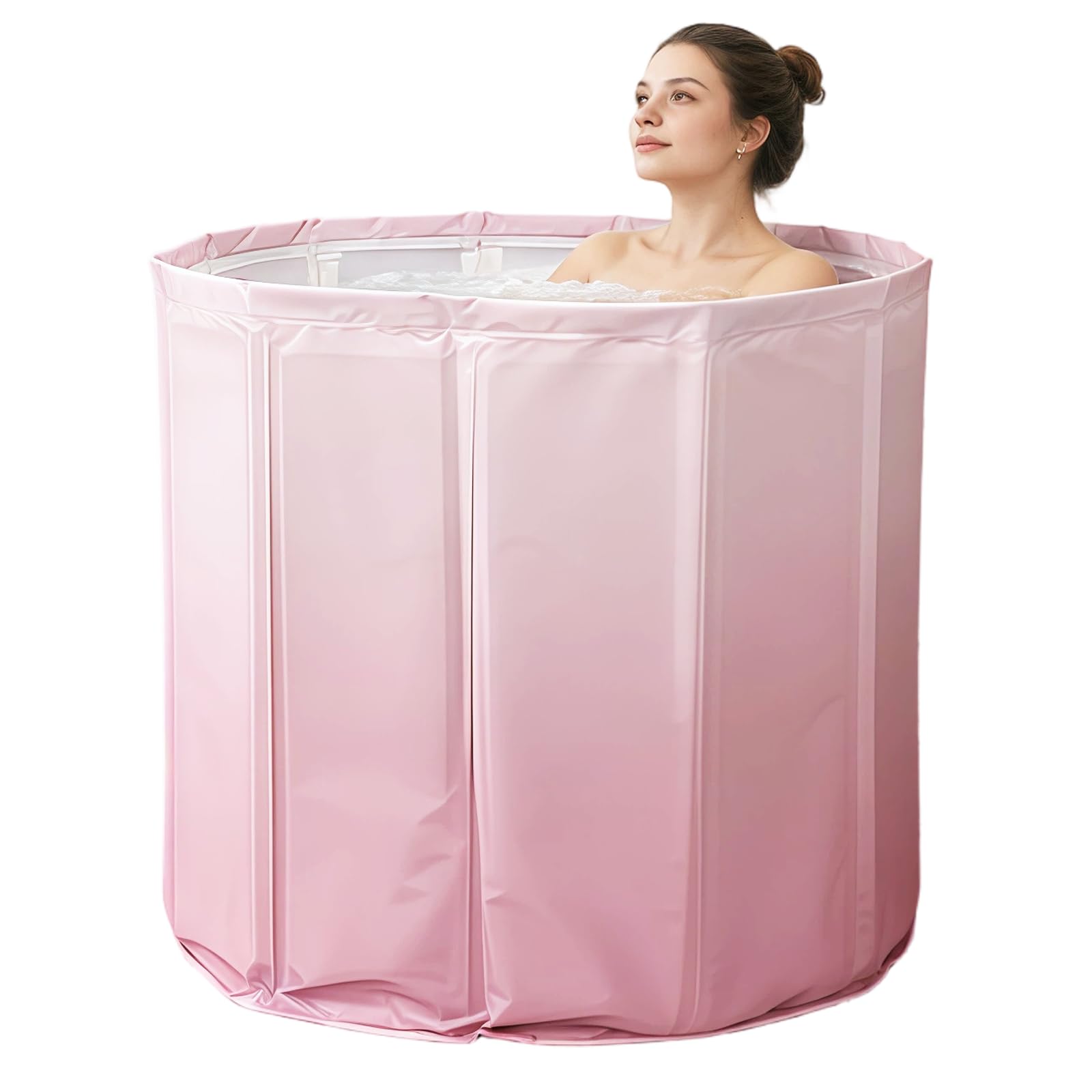 Faltbare Badewanne 70×65 cm für Erwachsene – Tragbare tiefe Badewanne für Warm- und Kaltwasser mit Ablaufschlauch und Sitzkissen, Platzsparende Faltbadewanne für kleines Bad (Rosa)