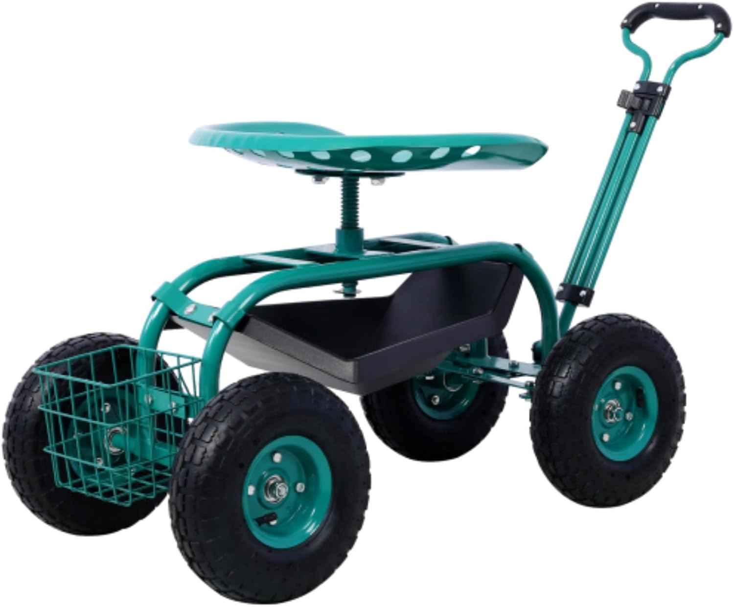 Garden Cart, Wheelbarrow, Tool Cart with Wheels and Tool Tray, Rolling Garden Scooter, 360 Degree Swivel Seat, Heavy Duty Frame, Tray and Basket