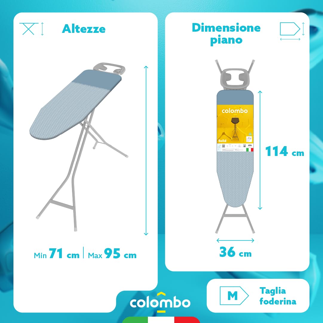 Colombo Asse da Stiro Solid Jr 114x36cm con Poggiaferro Rinforzato | Asse da Stiro Pieghevole Altezza Regolabile Max 90cm con Foderina in Cotone Biologico e Parking Zone Ferro da Stiro | Made in Italy