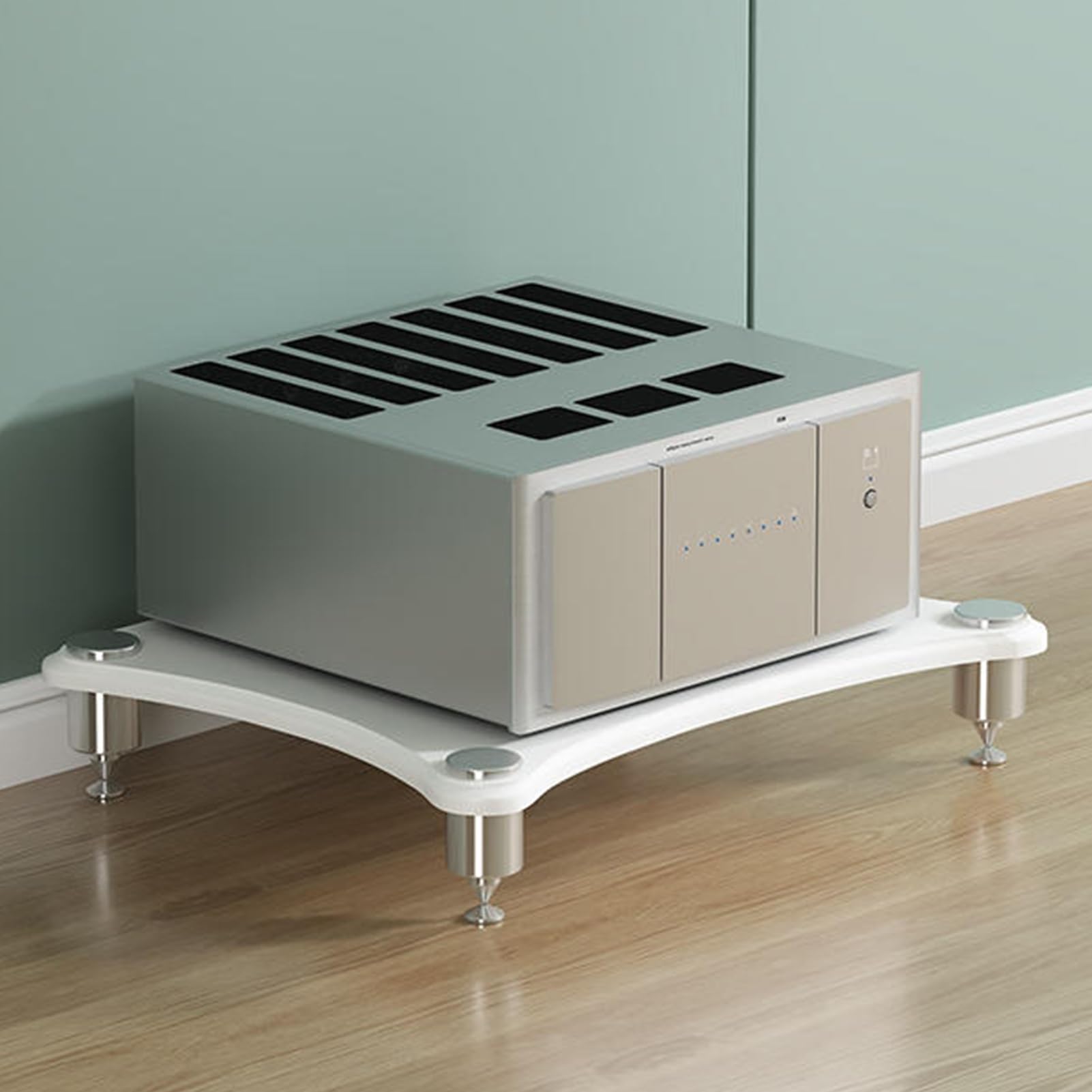 Meuble TV blanc 4 niveaux avec piques absorbant chocs et rangement ouvert