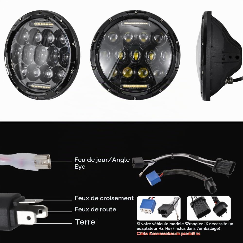 DREAMIZER 7'' Phare LED Moto Homologué E avec Indicateur Blanc DRL Angel Eye Ambre Compatible avec Harley Road King Street Glide Softail Electra Glide J-eep Wrangler JK TJ