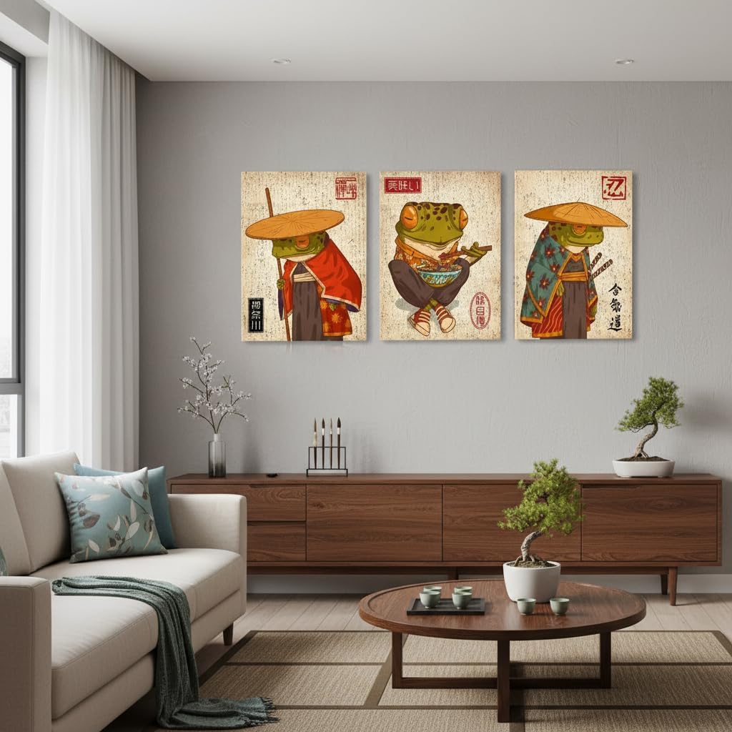 BLINFEIRU Japanese Frog Canvas Wall Art Prints 3 Piece Cute Funny Japanese Samurai Frog Posters Vintage Eclectic Animal Pictures Wall Decor Home Kitchen Bedroom Living Room Framed Artwork 12"x16"x3