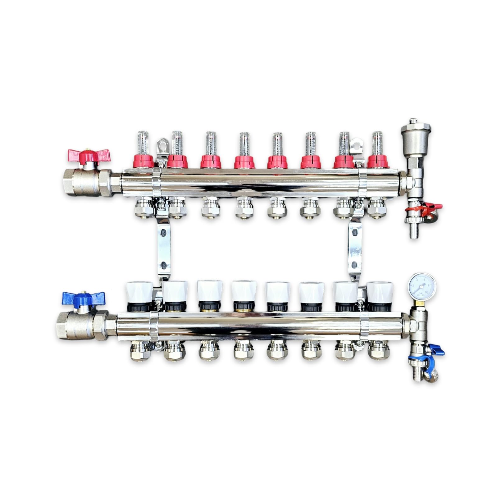Water Underfloor Heating 8 Ports Manifold with Pipe Connections,Main Isolating Ball Valves, Automatic Air Vent End Unit, Pressure Gauge End Unit, Filling Drain Off Valve