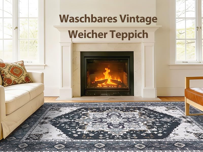 Puremy Vintage Teppich Wohnzimmer, Waschbar Teppiche 160X220CM, Schwarz – Ansicht 5