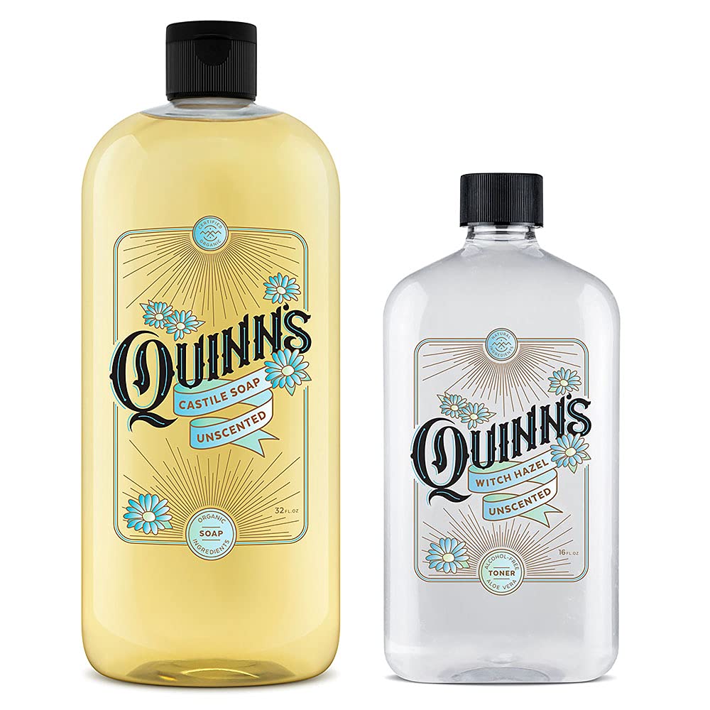 Quinn's Pure Castile Organic Unscented Liquid Soap 32 oz Alcohol Free Unscented Witch Hazel with Aloe Vera 16oz