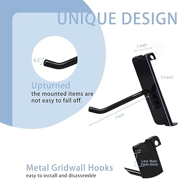 Gridwall Hooks 2 Inch,50PC Display Hooks for Grid Wall, Heavy Duty Gridwall Hook for Grid Wall Panel, Gridwall Peg Hook,Black