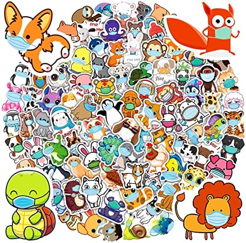 100 Animal Stickers Colorful Zoo Mask Waterproof Stickers - VSCO Cute Aesthetic Stickers Healthcare Workers Thank You Labels Teachers Parents Rewards Kids Decals. Vinyl Attention Safety Stickers for Water Bottle, Laptop, Teen Boys and Girls