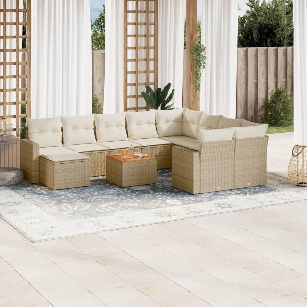 Set da 11 pezzi in polyrattan beige con cuscini, divano da giardino con imbottitura, design modulare, piano in legno di acacia, sfoderabili e lavabili