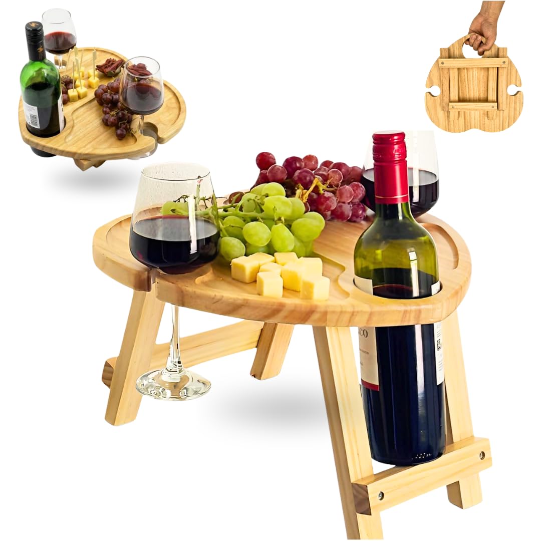 OTIVA 2 in 1 Portable Wine Picnic Table & Tray – Heart Shaped Foldable Wooden Charcuterie Board with Bottle & Glass Holder, Indoor, Picnic, Camping, Garden, for couples, Family, Friends