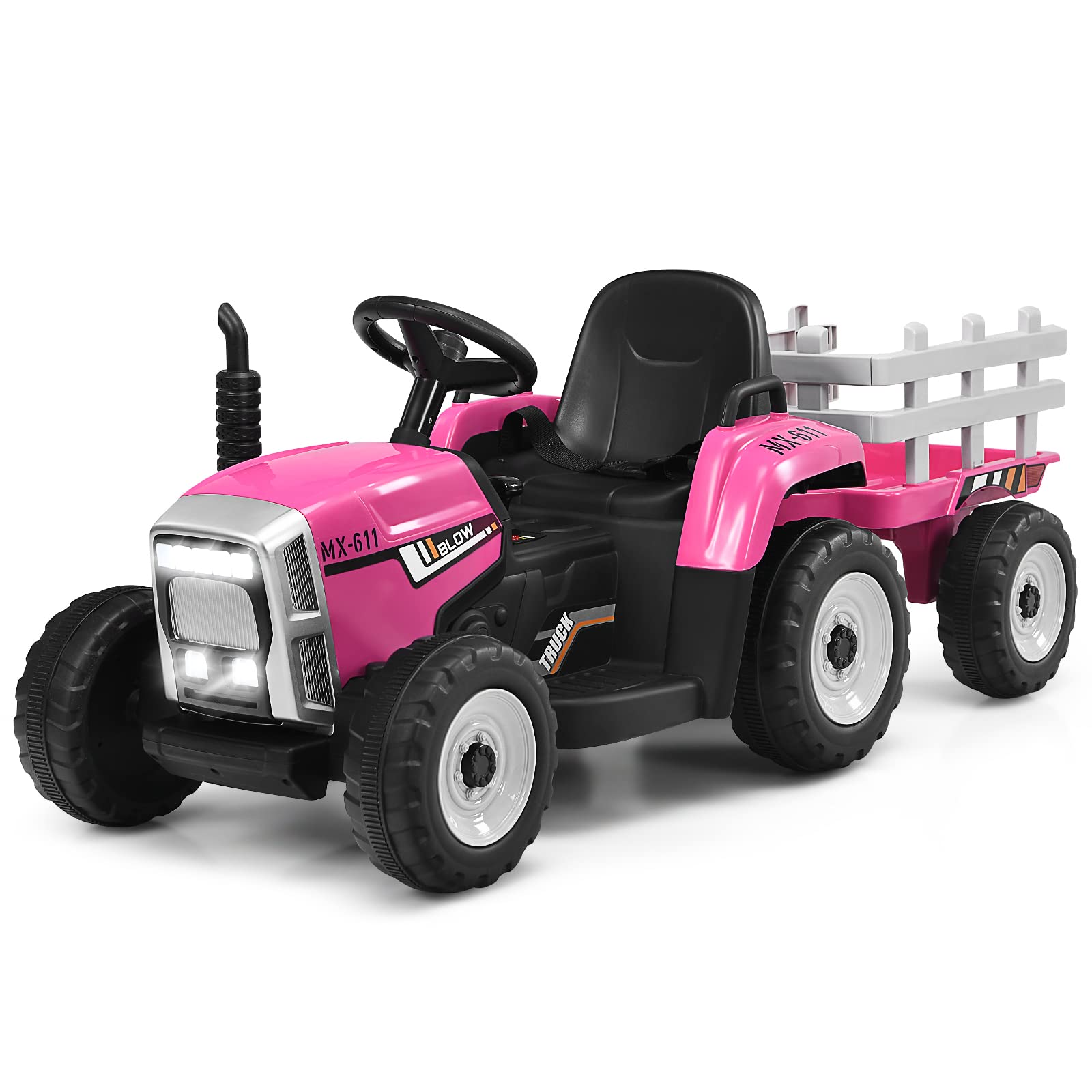GOPLUS Elektryczny traktor dla dzieci 12 V z przyczepą, 3-biegowy pojazd elektryczny z pilotem zdalnego sterowania, samochód elektryczny z oświetleniem LED, muzyką i Bluetooth, obciążenie 30 kg, od 3