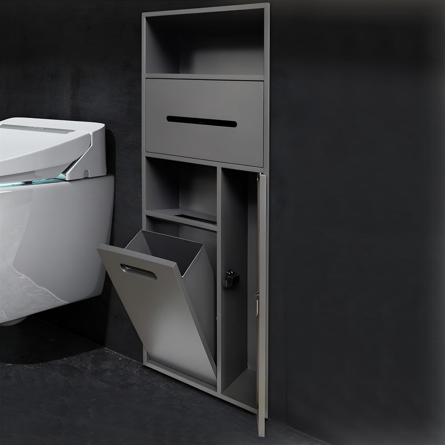Scopino da bagno in acciaio inox per bidone della spazzatura, carta igienica e igiene; ripiano integrato grigio, 30 x 78 x 14 cm