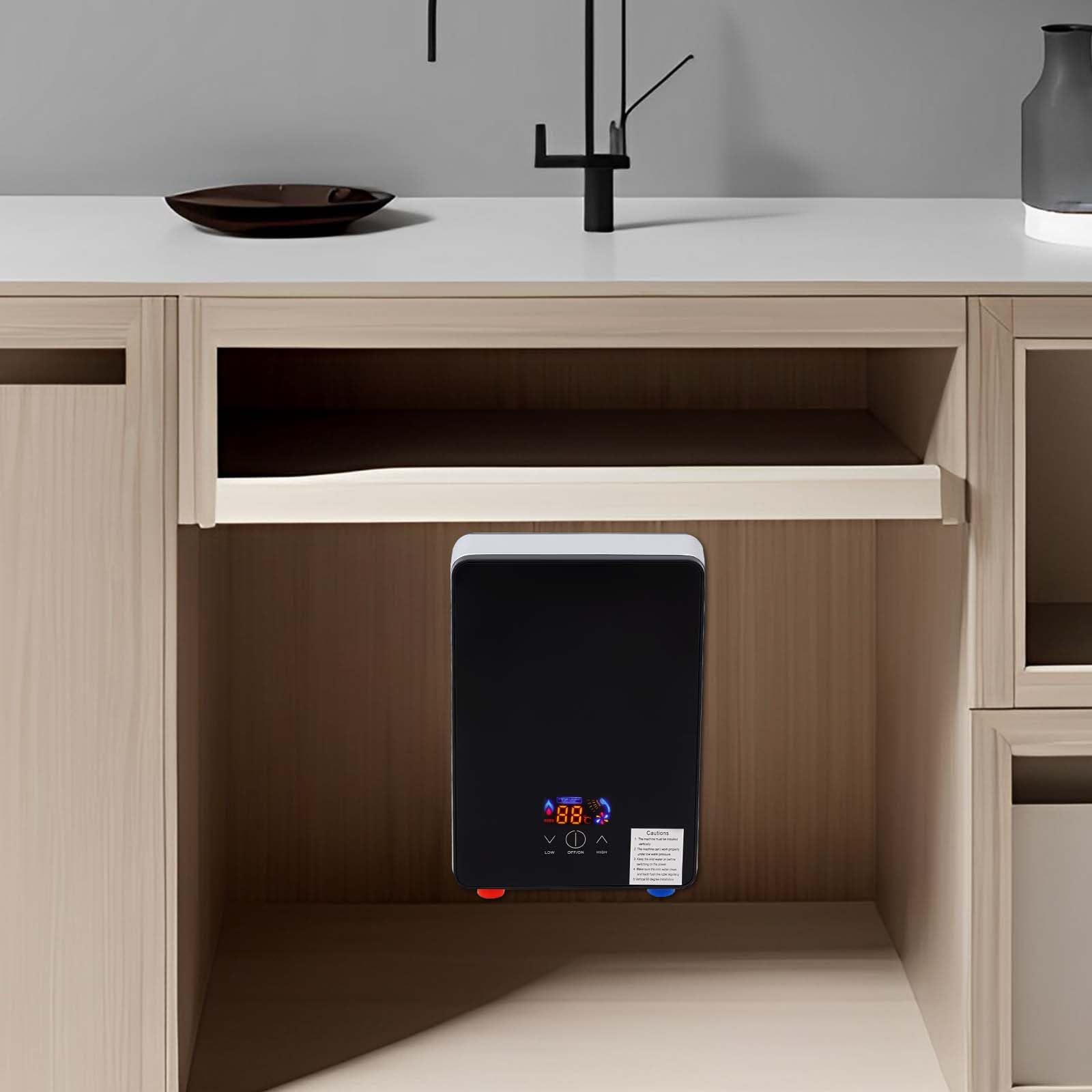 Calentador de agua electrónico para cocina, 6500 W, 30-55 °C, depósito de agua caliente IPX24, 0,2 – 0,6 MPa, caldera de agua caliente con pantalla LED, 1 alcachofa de mano, 1 soporte de ducha de mano