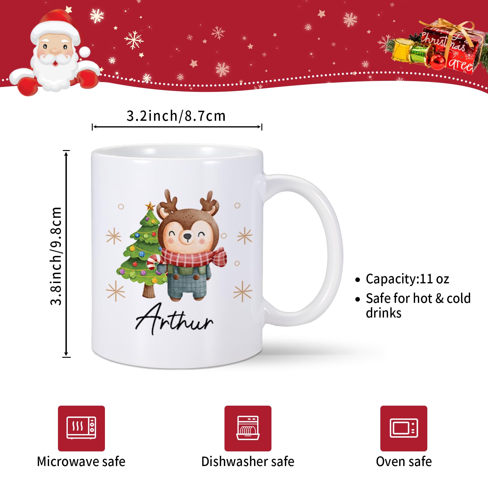 Personalized Christmas Mugs - Custom Name & Initial Hot Cocoa Cups For Kids (11oz) - View #11
