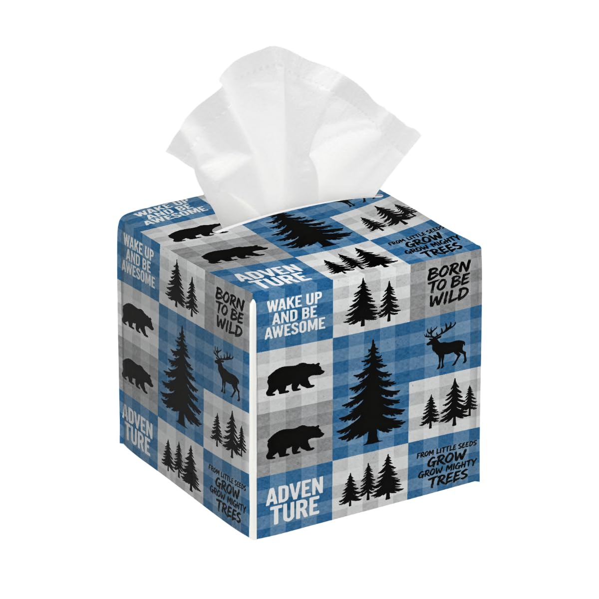 Tissue Box Cover Square Pu Leather Tissue Box Holder Waterproof Paper Organizer Dispenser for Bathroom Kitchen Bedroom Car Office Checkered Forest Deer Bear