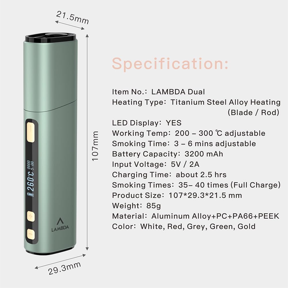 LAMBDA Dual Heat Not Burn Device, 3200 mAh OLED Display Einstellbare Temperatur und Zeit Heizung, use Replaceable Heizblatt Part (Grün)