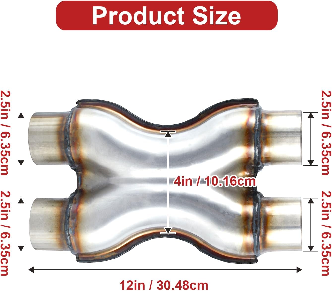 Universal Exhaust X Pipe, 2.5" Dual Inlet/Outlet, 12" Total Length, Stainless Steel Weld-On Exhaust Pipe Adapter/Crossover Tube, Fits Most Vehicles