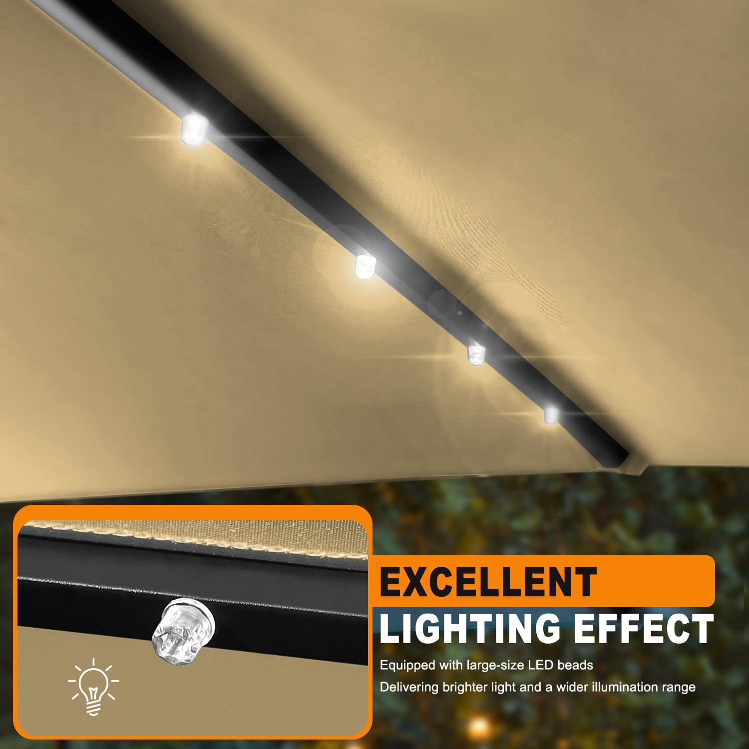 FRUITEAM Solar LED patio Ourdoor market umbrella with LED Lights,Tilt and Crank Table Umbrellas for Garden, Deck, Backyard and Pool(Beige)