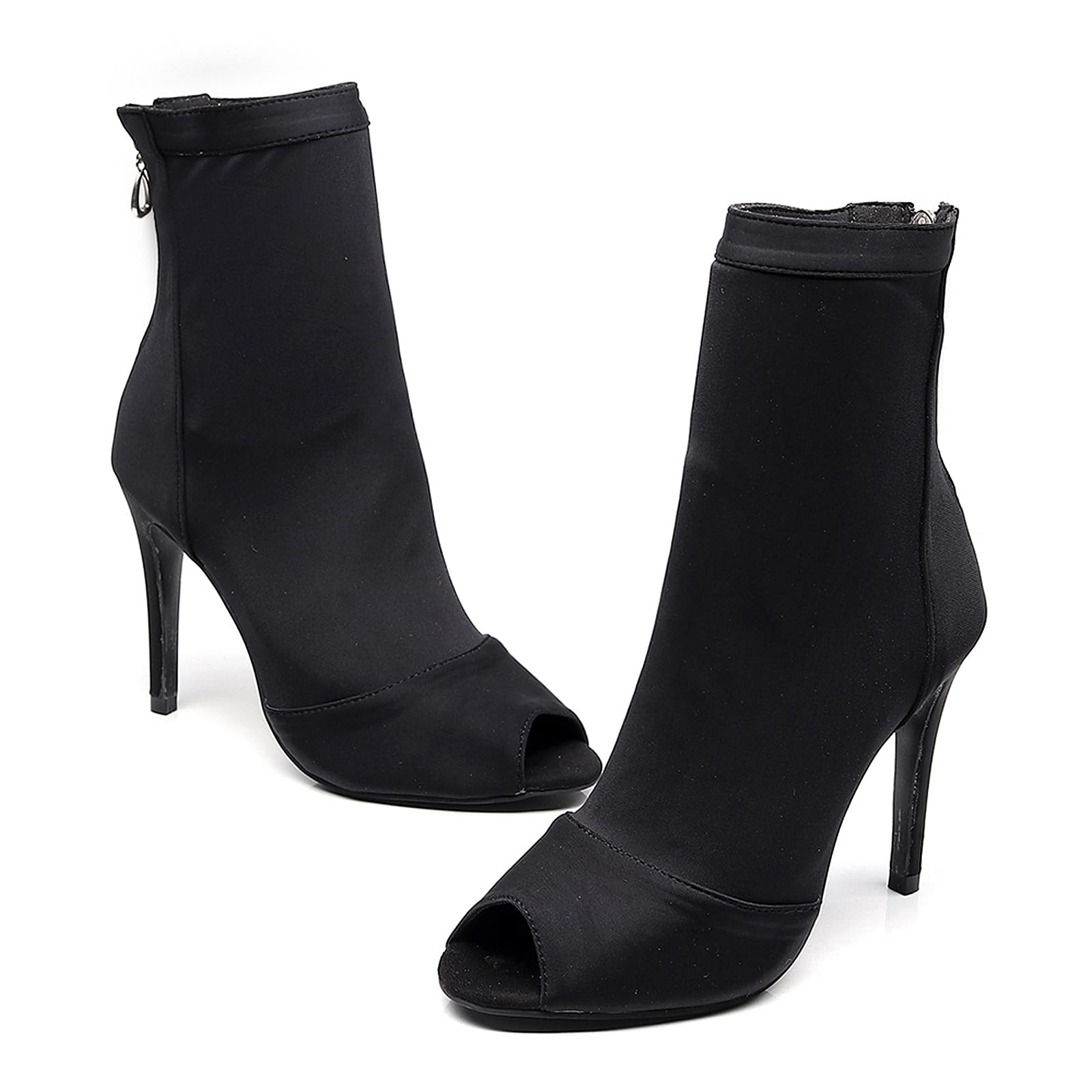 SWDZM Scarpe da Ballo Stivaletto Latino Donna Punta Aperta | Tessuto raso elastico con zip posteriore,suola in gomma antiscivolo resistente,ideale per danza, spettacoli serate di gala.
