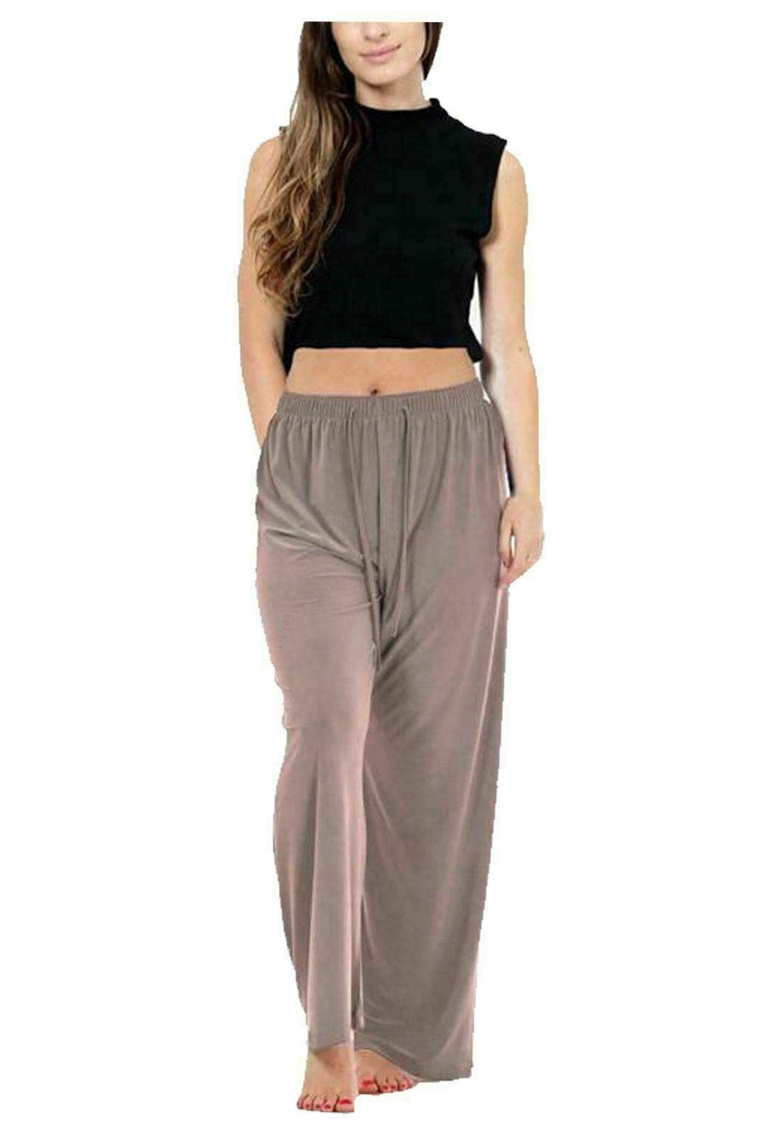 TrendyFashion Ladies ITY Palazzo Wide Leg Flared Elasticated Trousers Womens Stretch Plus Size Drawstring Pants (Mocha UK 26-28)