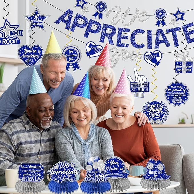 Image of We Appreciate You Decorations, Blue Silver Thank You Decorations includes We Appreciate You Banner and Employee Appreciation Table Decorations and Hanging Swirls for Pastor Appreciation Decorations